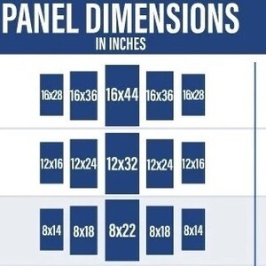 Peut inclure: Un tableau montrant les dimensions de diff&eacute;rents ensembles de toiles pour l'art mural. Le tableau montre les dimensions de chaque panneau individuel en pouces, ainsi que l'espace total occup&eacute; en pouces lorsque les panneaux sont accroch&eacute;s avec un espacement de 1 pouce entre eux. Les ensembles de toiles sont &eacute;tiquet&eacute;s comme 5 pi&egrave;ces extra large, 5 pi&egrave;ces large et 5 pi&egrave;ces moyen.