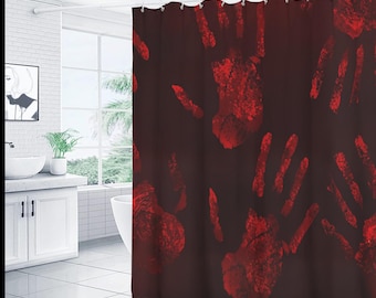 Cortina de chuveiro com estampa de sangue e terror, conjunto de cortinas de terror para banheiro, cortinas de filmes de terror, ideia de presente para cortinas de chuveiro com impressões digitais de sangue