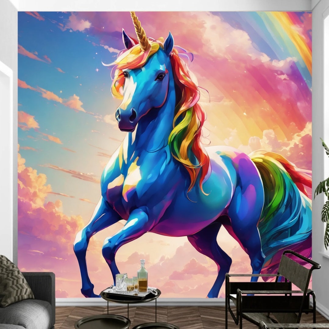 Rainbow Unicorn Wall Mural Wallpaper, Colorful Wall Decal Peel and ...