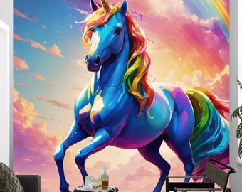 Regenbogen Einhorn Wandbild Tapete, buntes Wandtattoo abziehen und aufkleben, abnehmbare Wanddekoration von Funktastic Walls