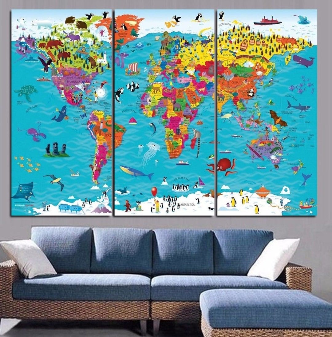 Kids World Map Canvas Art Framed Animals Wall Art HD Poster - Etsy