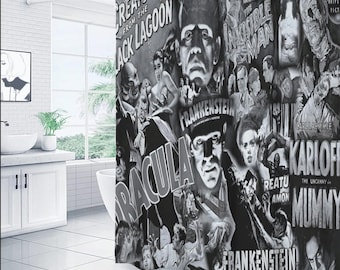 Cortina de chuveiro de terror com monstros clássicos em preto e branco, conjunto de cortinas de terror assustadoras para banheiro, ideia de presente com cortinas de terror