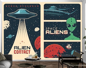 Alien Kontakt Wandbild Tapete, Alien Wandtattoo schälen und aufkleben, Kinderzimmer Entfernbares Wanddekor von Funktastic Walls