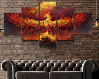 Phoenix Canvas Framed / Mythology Bird Wall Art / Fire Phoenix Poster 5 Piece / Ancient Greek Gift Idea