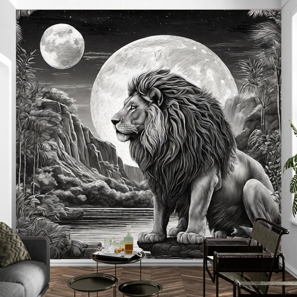 Fantasy World Wall Mural Wallpaper, Black And White Lion Wall Decal Peel And Stick, Removable Wall Decor by Funktastic Walls
