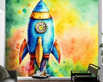 Rakete Wandbild Tapete, großes Kinderzimmer schälen und aufkleben, Raumschiff Wandkunst Aufkleber selbstklebend
