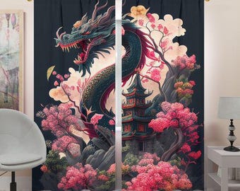 Cortinas japonesas con diseño de dragón, decoración de pared con dragones para el hogar, cortinas para dormitorio infantil con dragones, gran idea de regalo.
