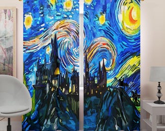 Cortinas de noite estrelada do Castelo dos Magos, cortinas de quarto infantil com arte de fantasia, conjunto de cortinas de parede de filme