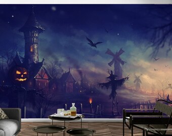 Art mural sombre Halloween, papier peint autocollant amovible horreur, papier peint auto-adhésif fabriqué aux États-Unis par Funktastic Walls