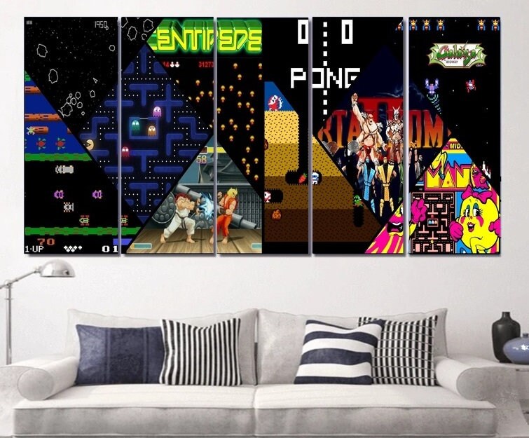 Classic Arcade Games Canvas Framed Arcade Game Room Wall Art Etsy