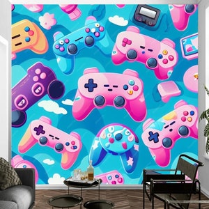 Girls Room Wall Mural Wallpaper, Large Video Game Peel And Stick Removable, Retro Gamer Wall Art Decal Self Adhesive