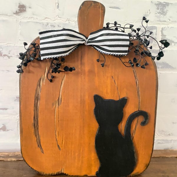 Wood Pumpkin with Black Cat, Halloween Decor