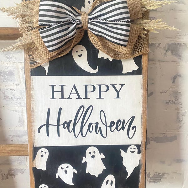 Happy Halloween Door Hanger with Ghosts: Rustic Style Wood Sign