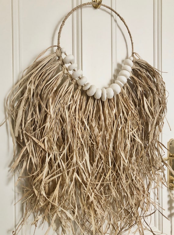 Raffia Wall Hanging With Clay Beads Etsy