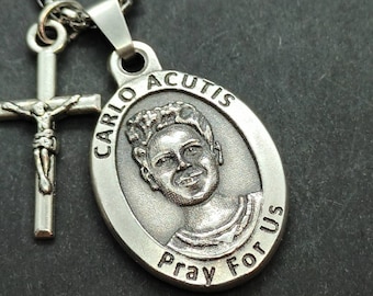 Blessed Carlo Acutis. Stainless steel box chain with saint medal and crucifix.