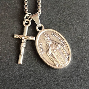 St Nicholas necklace. Stainless steel box chain with saint medal and crucifix.