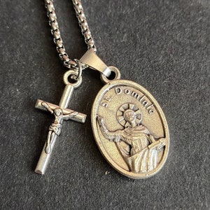 St Dominic necklace.  Stainless steel box chain with silver oxide saint medal and crucifix.