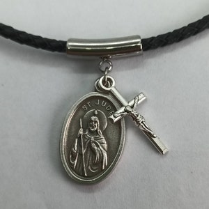Saint Jude Medal: Braided Leather Necklace with Crucifix