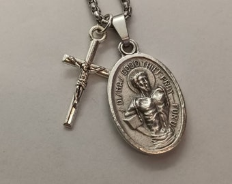 St Dismas | Stainless steel box chain with saint medal and crucifix.