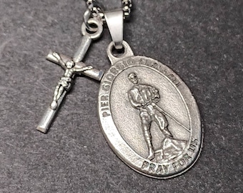 Bl. Pier Giorgio Frassati Necklace: Silver Oxide Saint Medal, Stainless Steel Chain