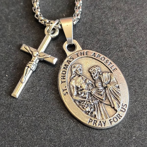 St Thomas the Apostle medal with crucifix on stainless steel chain