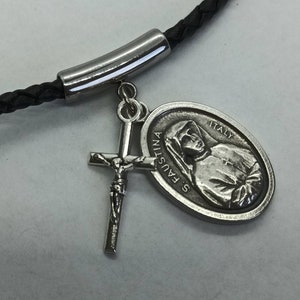 St Faustina | Divine Mercy medal | Thin, braided leather necklace with saint medal and crucifix