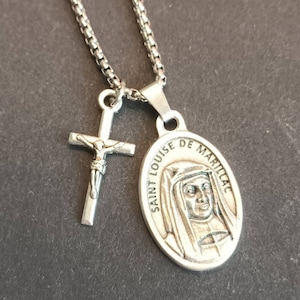 St Louise de Marillac necklace.  Stainless steel box chain with silver oxide saint medal and crucifix.