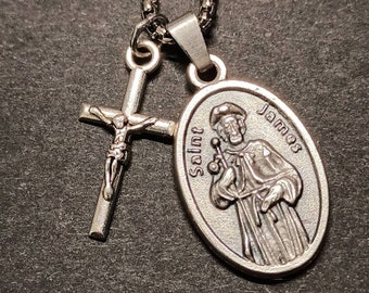 St James necklace.  Saint medal and crucifix on stainless steel chain.