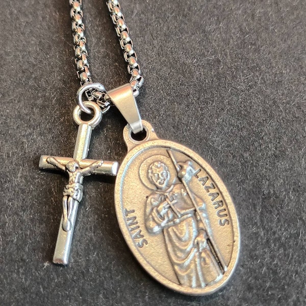 St Lazarus necklace.  Stainless steel box chain with silver oxide saint medal and crucifix.