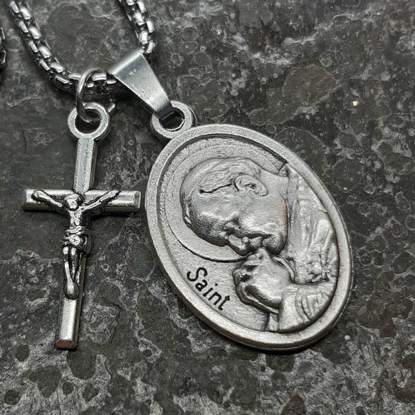 St John Paul II | silver oxide medal on stainless steel chain with crucifix.