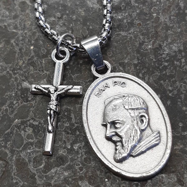 St Padre Pio necklace. Stainless steel box chain with saint medal and crucifix.