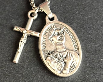St Pedro Calungsod medal with crucifix on stainless steel chain