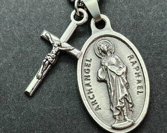 St Raphael, Archangel Raphael, necklace with saint medal and crucifix.