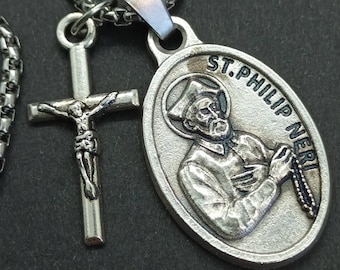St Philip Neri necklace. Saint medal and crucifix on stainless steel chain