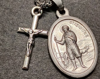 St Isidore the farmer necklace.  Saint medal and crucifix on stainless steel chain.