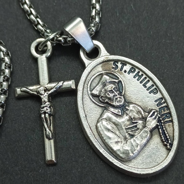 St Philip Neri necklace. Stainless steel box chain with saint medal and crucifix.