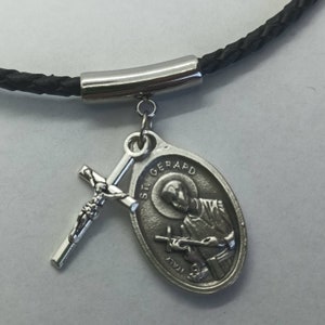 St Gerard Majella medal | Thin, braided leather necklace with saint medal and crucifix