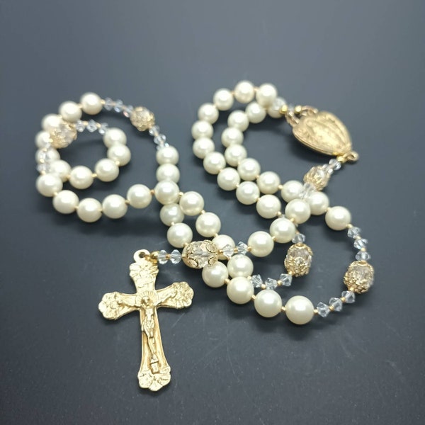 Handmade rosary beads - shell pearl with European crystal.