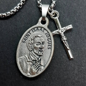 St Isaac Jogues necklace. Stainless steel box chain with silver oxide saint medal and crucifix.