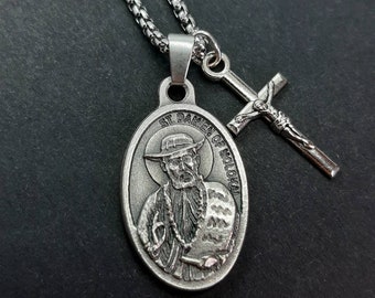 St Damien of Molokai | Stainless steel box chain with saint medal and crucifix.