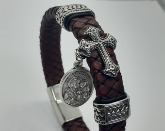 Mahogany brown European leather bracelet with stainless steel cross and saint medal