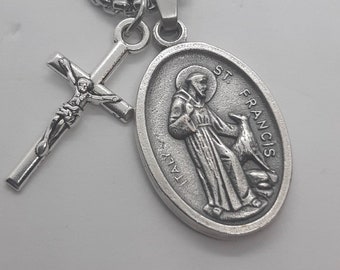 St Francis of Assisi necklace. Stainless steel box chain with saint medal and crucifix.