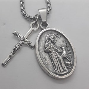 St Francis of Assisi necklace. Stainless steel box chain with saint medal and crucifix.