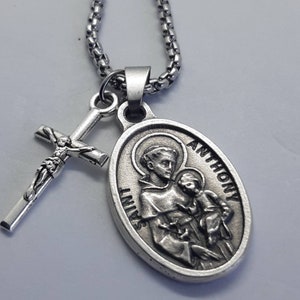 St Anthony of Padua necklace. Stainless steel box chain with saint medal and crucifix.