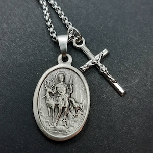 St Hubert | Stainless steel box chain with saint medal and crucifix.