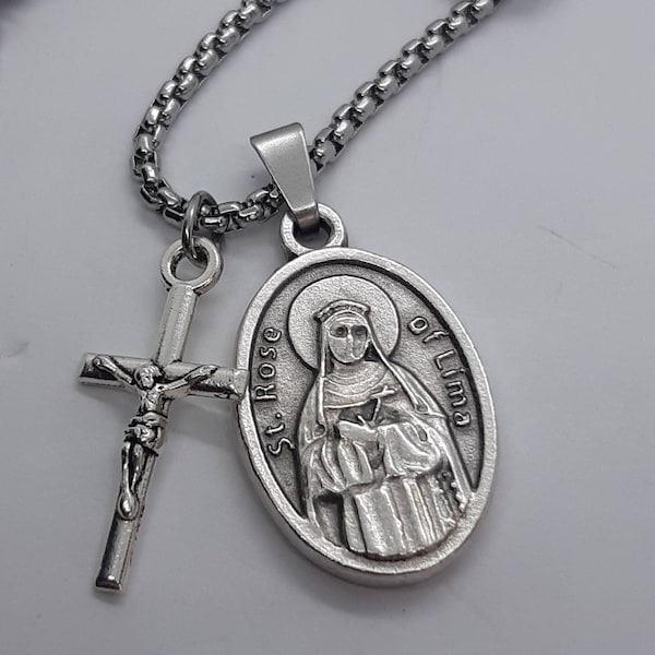 St Rose of Lima necklace. Stainless steel box chain with saint medal and crucifix.