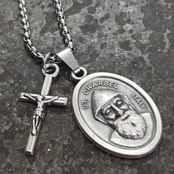 St Charbel necklace. Stainless steel box chain with saint medal and crucifix.