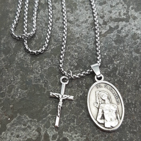 St Sebastian necklace. Stainless steel box chain with saint medal and crucifix.