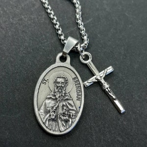 St Brendan | Stainless steel box chain with saint medal and crucifix.