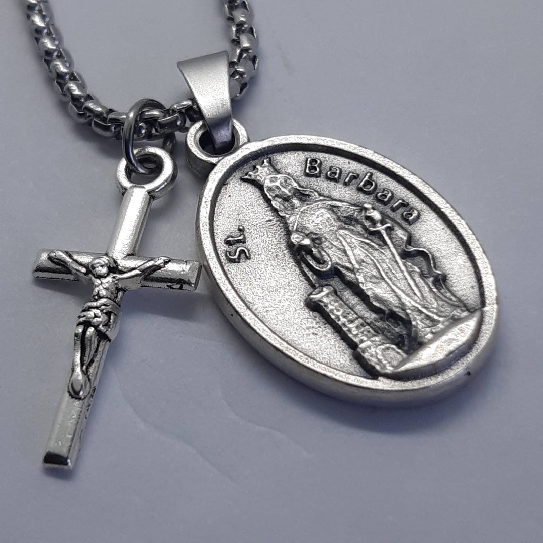 St Barbara Necklace. Stainless Steel Box Chain With Saint Medal and ...